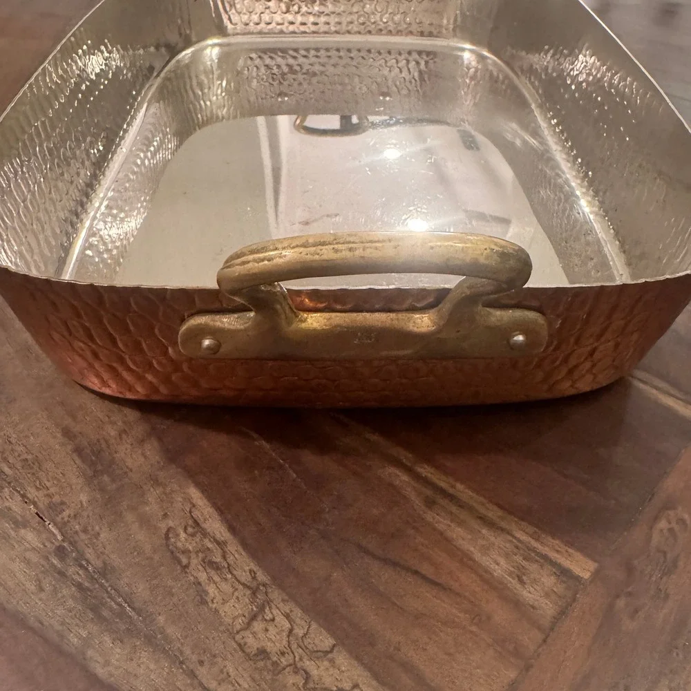 Hammered Copper Roasting Pan Rectangular Brass Handles Farmhouse Kitchen Decor